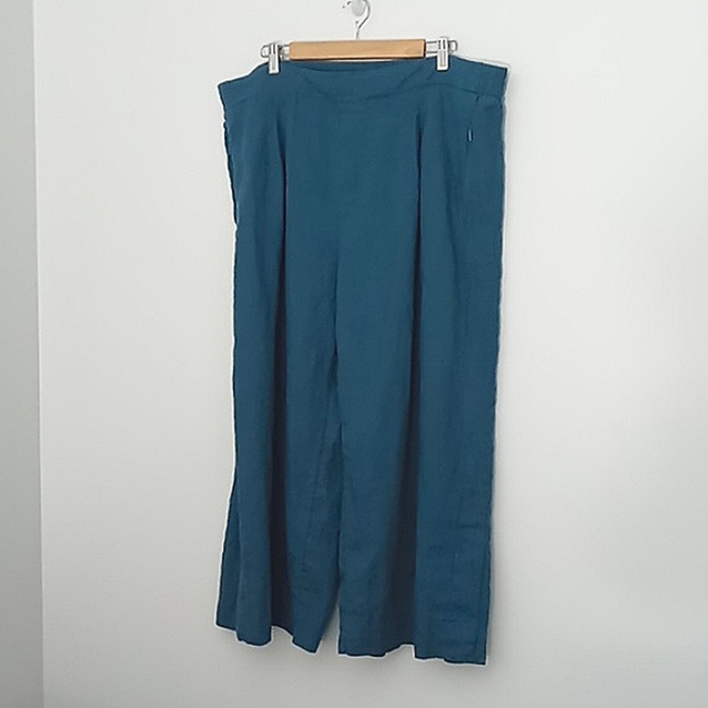 Athleta Cropped Pants Women's Size 20 Dark Teal Playa Linen Wide Crop 100% Linen